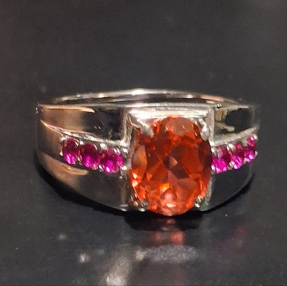 Men's Salmon Quartz & Ruby CZ Stainless Steel Ring - Picture 3 of 14